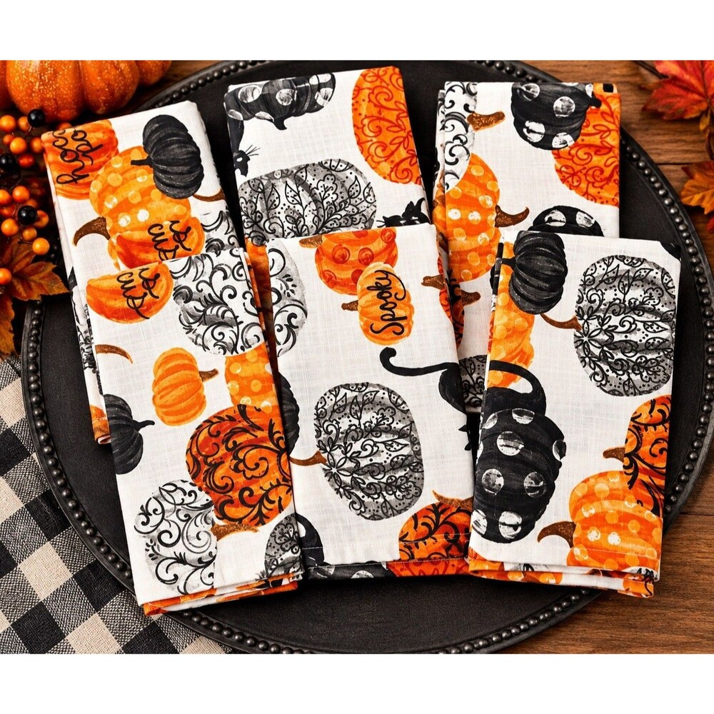 Cupcakes and Cashmere Halloween Cloth Napkins Set of 6 Pumpkin Cat 18” Cotton